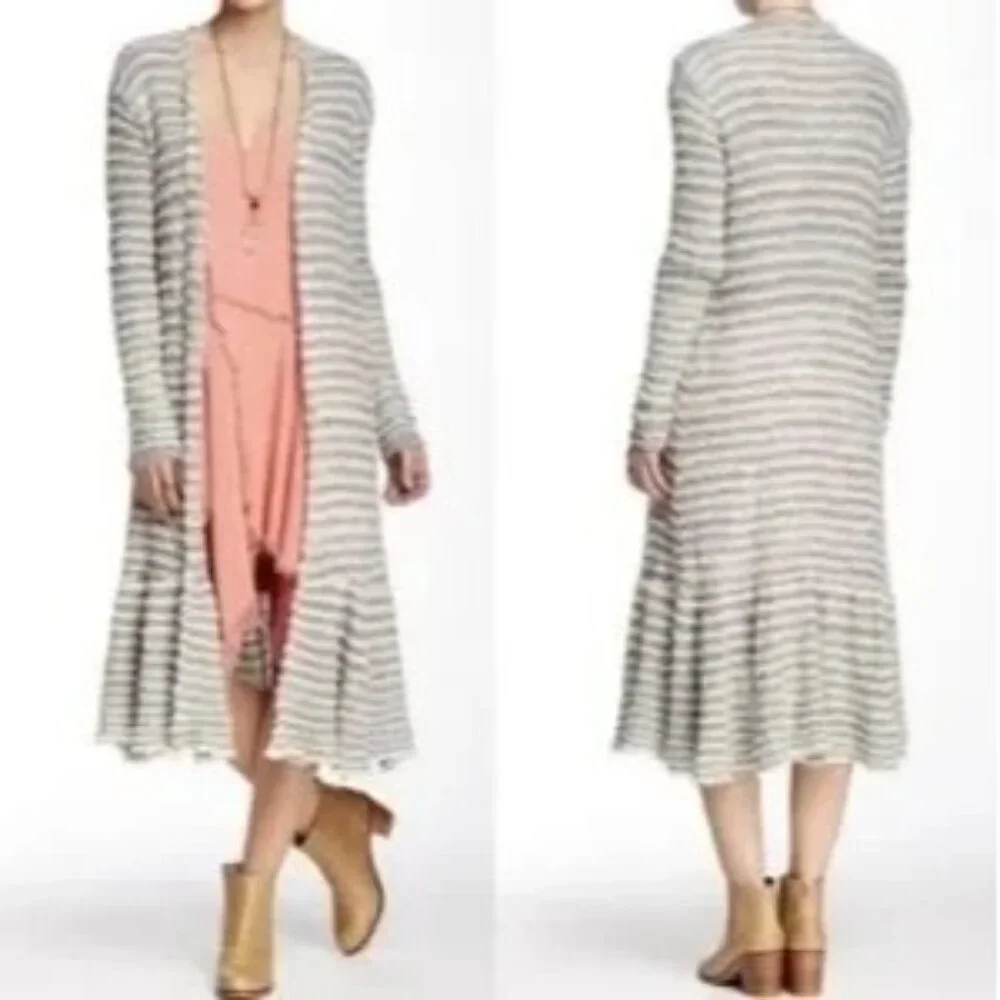 Free People Gray Striped Smile Like You Mean It Open Long Cardigan Duster - Picture 2 of 7